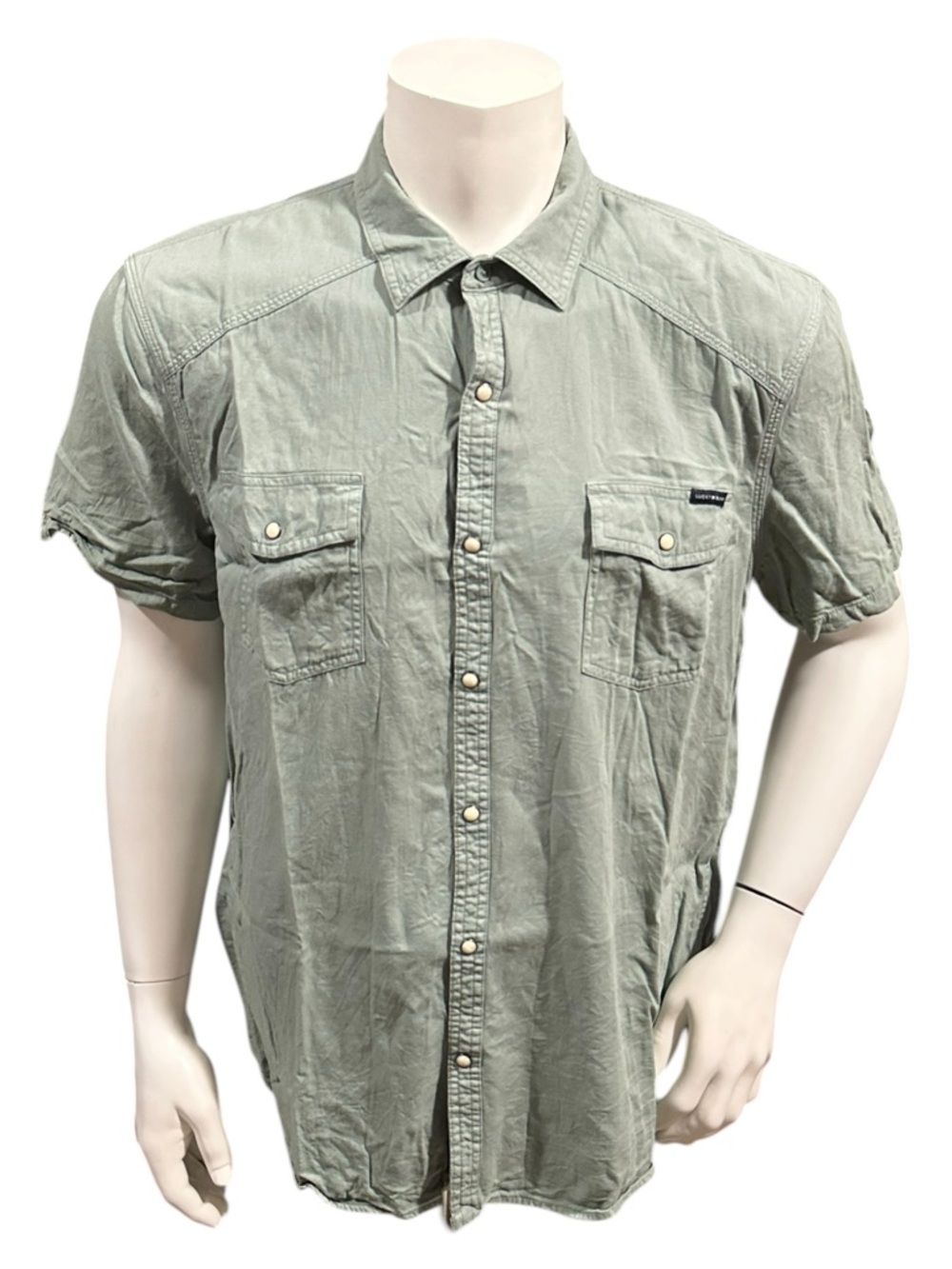 Lucky Brand Men’s Button Up Shirt Green Solid Pockets Short Sleeve XL
